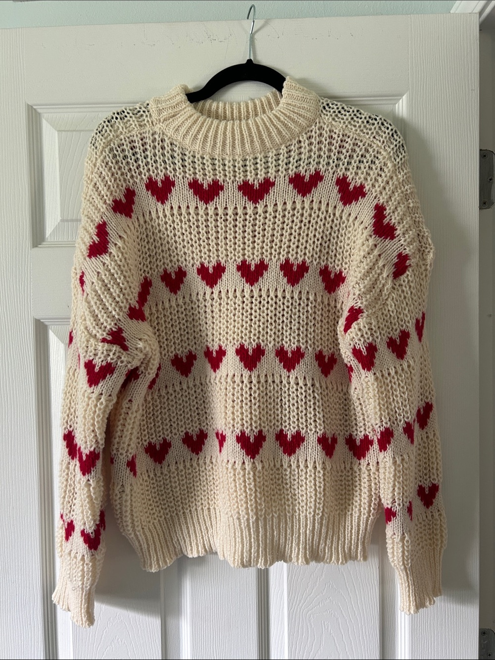 SHEIN Cream Knit Sweater with Red Heart Motif
